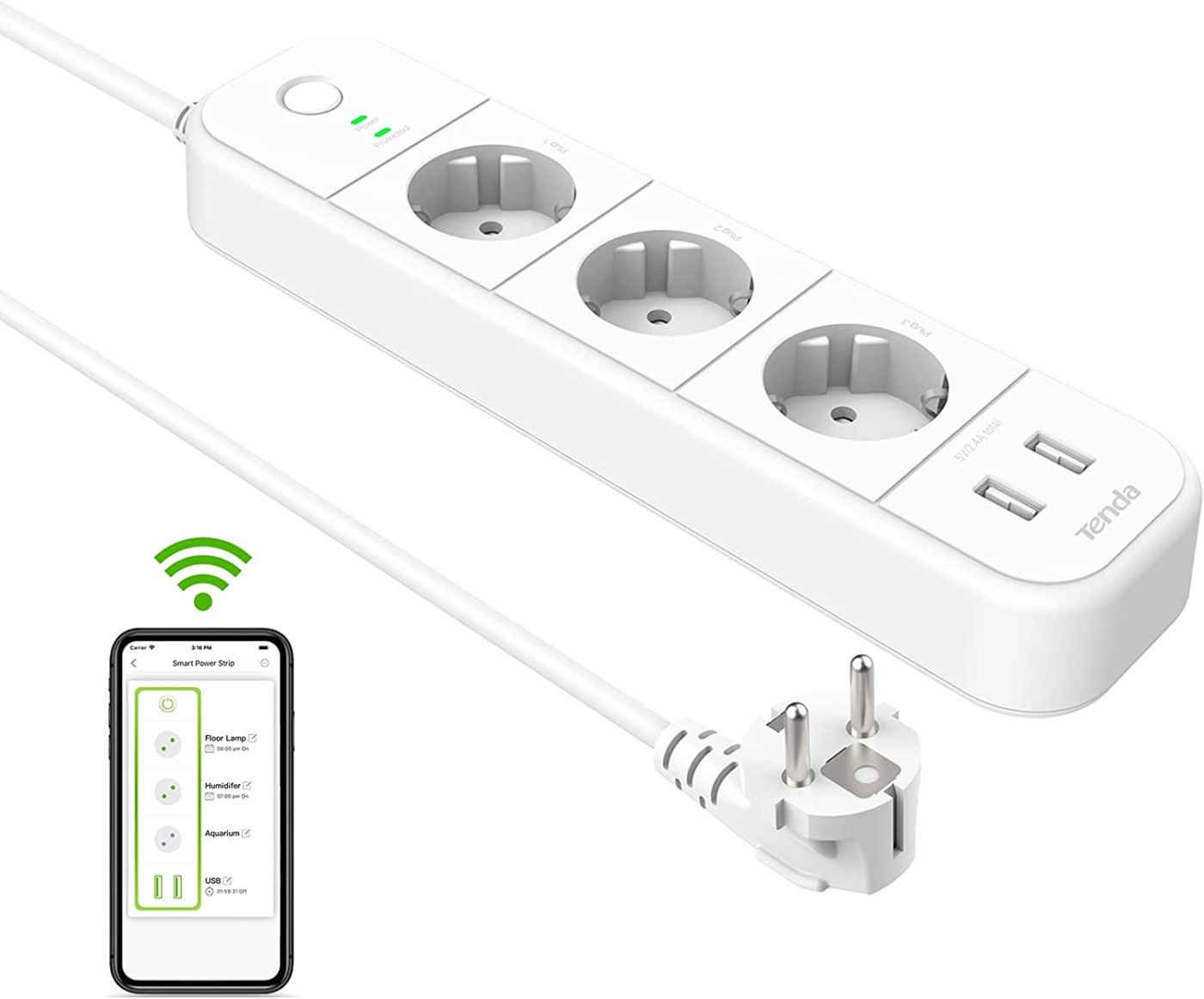 smart wifi connected power strip with 3 sockets and 2 usb ports
