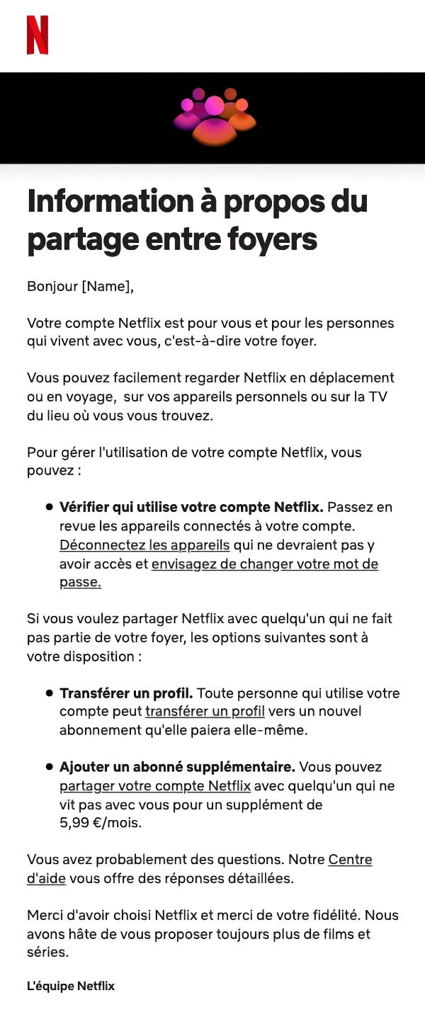 mail netflix blocage partage de compte