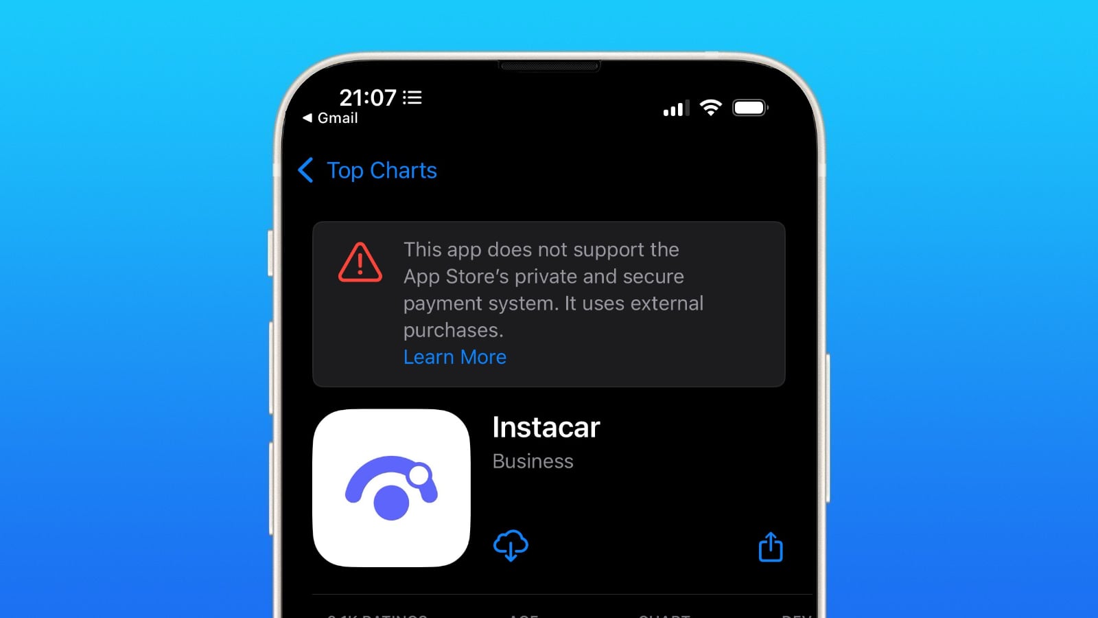 paiement externe alerte app store instacar alternative