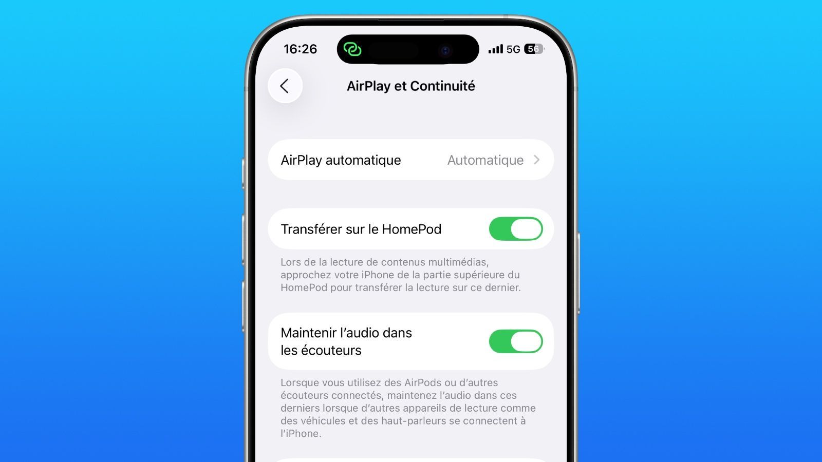 maintenir audio ecouteurs airplay airpods ios 26