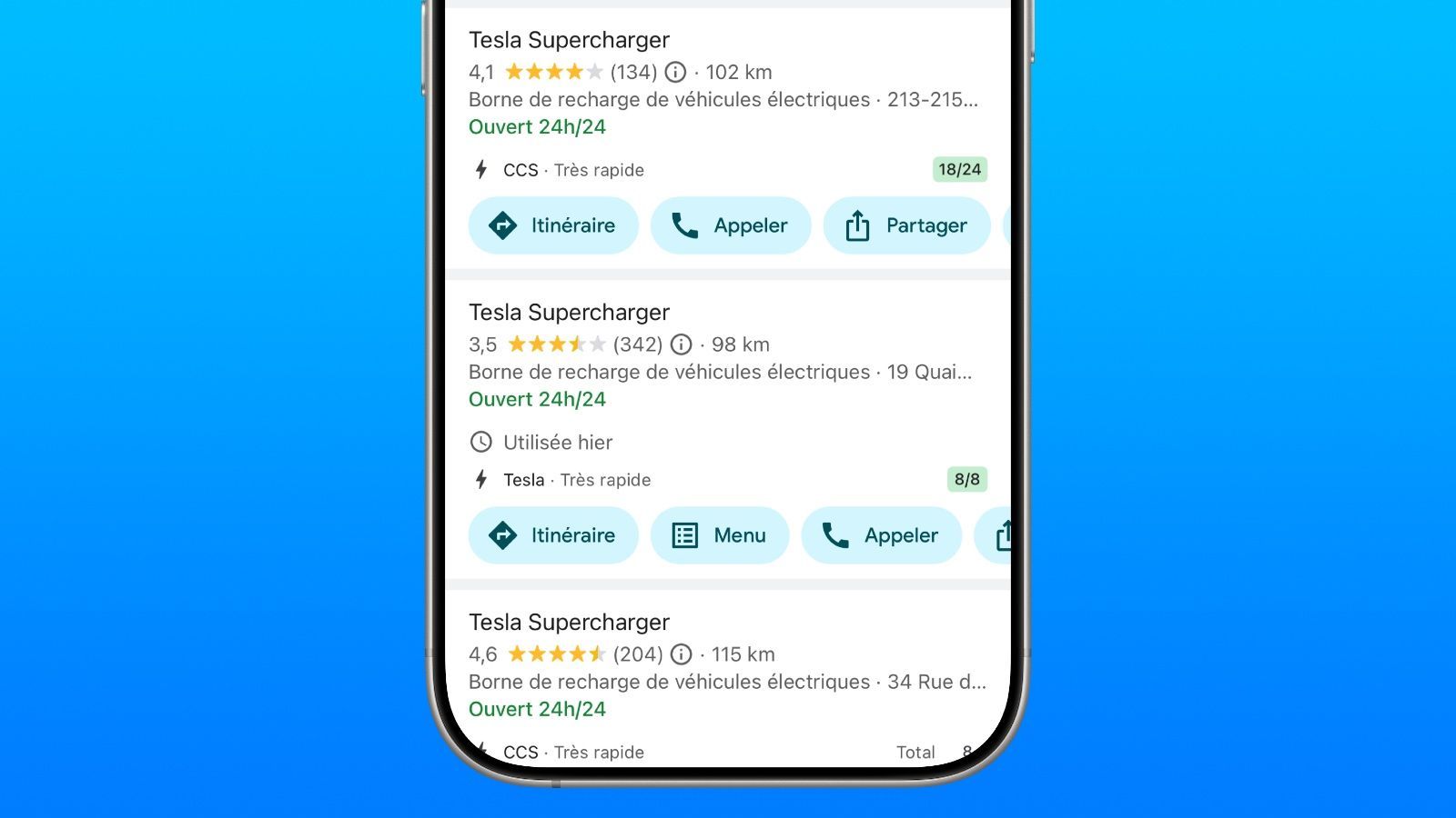 Google Maps affiche l'utilisation des Superchargers Telsa en temps réel