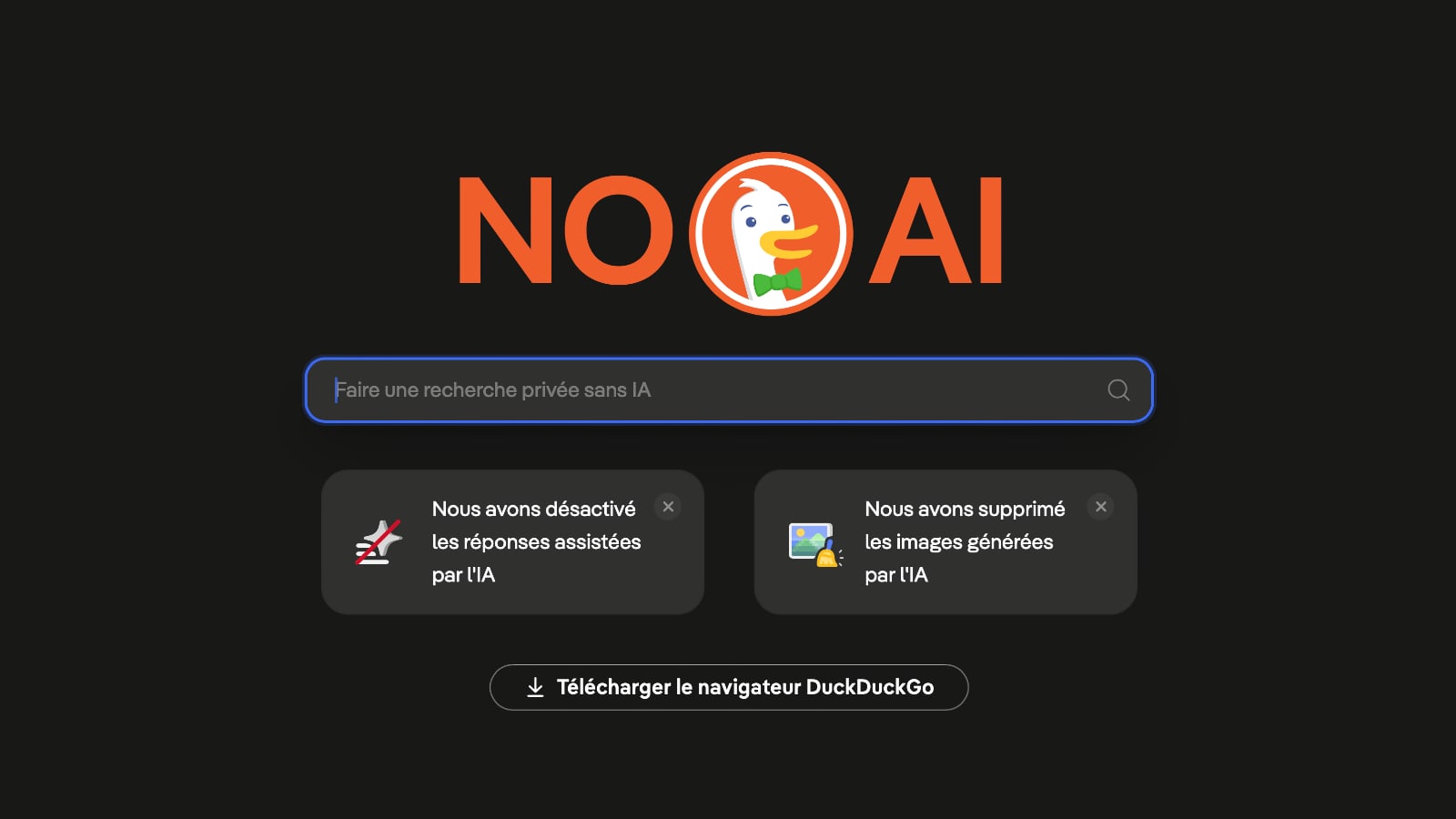noAI.DuckDuckGo.com : le canard a compris que la majorité ne veut pas d'IA pour la recherche