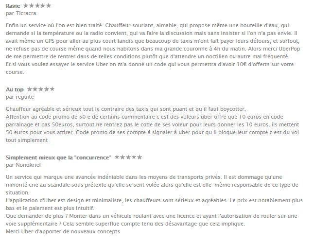 commentaire uber taxi utilisateur android apple ios