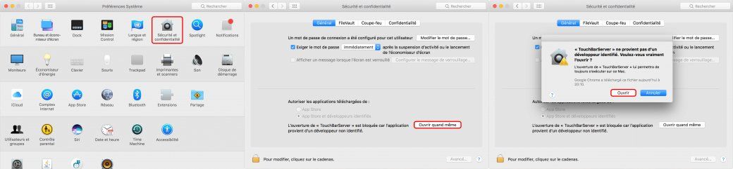 ouverture application touch bar mac